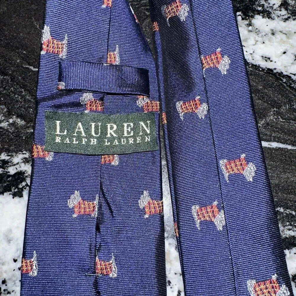 VTG Polo by Ralph Lauren Silk Tie  Scottie Dog In Sweater Navy Preppy Hand Made